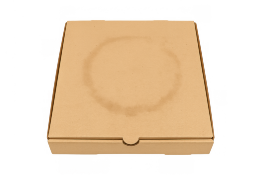 Pizza box with circular grease stain, showing food delivery, takeaway, and fast casual restaurant packaging concept