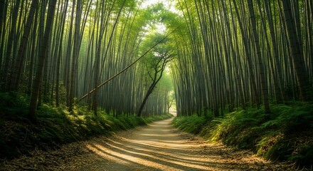 Sunlight filtering through trees onto a forest path covered in fallen leaves