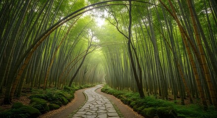 A winding stone path through a lush green bamboo forest with sunlight filtering through the canopy