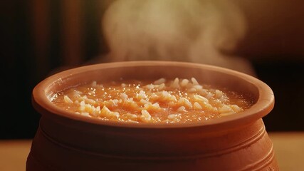 A warm and inviting bowl of soup with steam rising from the top, perfect for a cozy meal or as a prop in a food-related setting