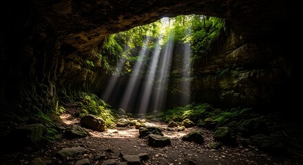 Sunlight filters through a cave ceiling, creating dramatic rays amidst lush greenery