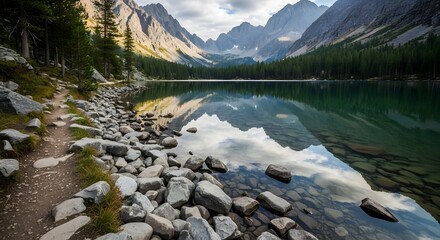Rocky mountain lake with reflection of peaks and forest under a cloudy sky