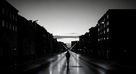 Lone figure walks down a wet, empty city street at dusk, silhouetted against the light