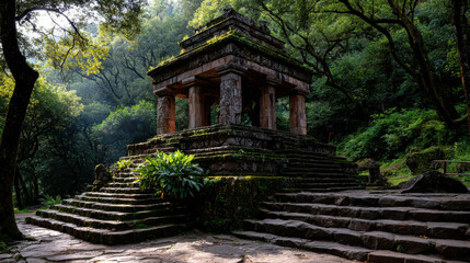 Ancient temple off beaten path surrounded by lush greenery and sunlight filtering through trees creates serene atmosphere