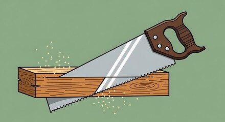 Hand saw cutting through wood block with sawdust illustration.