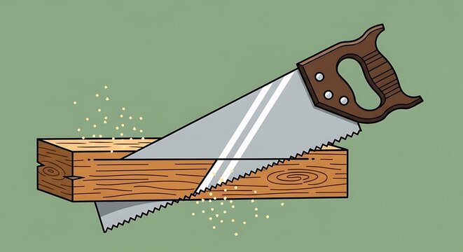 Hand saw cutting through wood block with sawdust illustration.