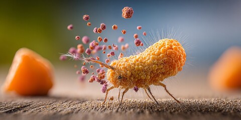 a stylized insect made of corn kernels with bubbles floating around it