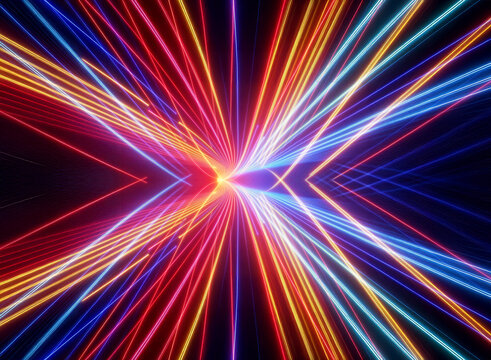 Colorful glowing lines converge to a central point, creating a dynamic, abstract tunnel effect with vibrant red, orange, blue, and purple hues with dark backdrop.