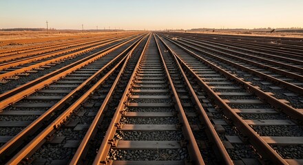 Fototapeta premium Vast Network of Train Tracks Stretching Towards the Horizon at Sunset.