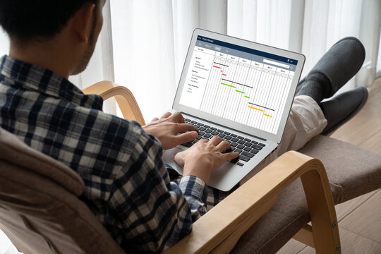 Project planning software for modish business project management on the computer screen showing timeline chart of the team project