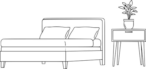 Minimalist line drawing of a bed and nightstand with plant
