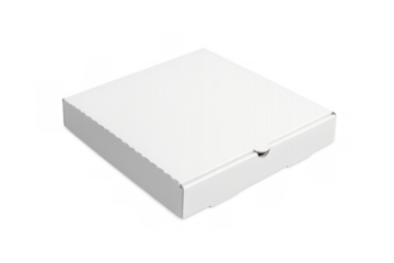 White cardboard pizza box for takeaway food delivery, closed square blank packaging with transparent background