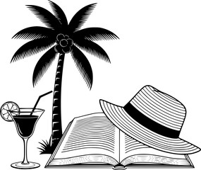 Palm tree, cocktail, and hat with open book
