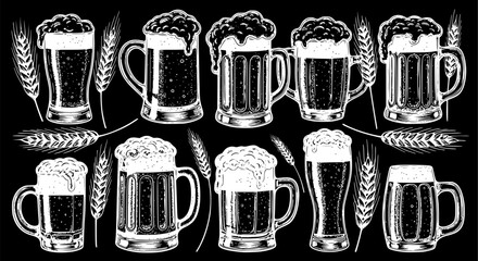Collection of Hand Drawn Beer Mugs and Wheat Stalks

