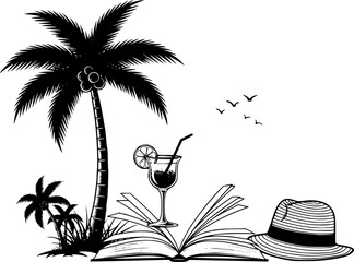 Palm tree, cocktail, and hat with open book

