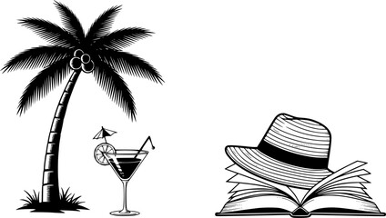 Palm tree, cocktail, and hat with open book
