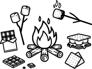 Campfire and s'mores sketch icons
