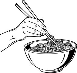 Hand holding chopsticks stirs bowl of noodles
