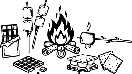 Campfire and s'mores sketch icons
