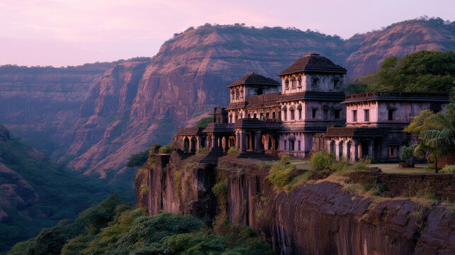 Ancient temple off beaten path nestled in lush valley surrounded by majestic mountains at sunset evokes sense of tranquility and wonder