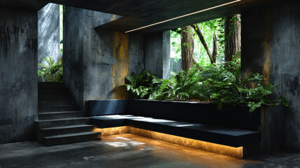 Serene temple off beaten path features modern design with lush greenery and soft lighting creating tranquil atmosphere