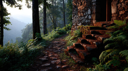 Serene path leads off beaten path to ancient temple surrounded by lush greenery and towering trees, inviting exploration and tranquility
