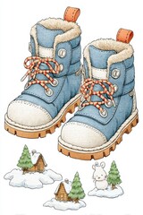 Blue Winter Boots with Snowy Landscape Illustration