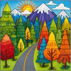 Colorful Forest Road Leading to Majestic Mountains