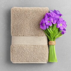 Brown Textured Towel and Purple Flower Bouquet on Gray