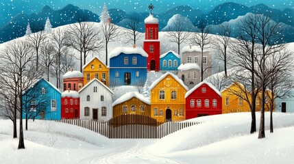 Charming Colorful Snowy Village Winter Scene