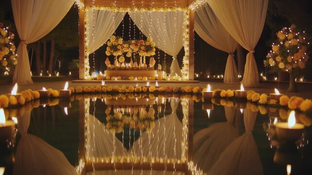 nighttime Hindu wedding venue illuminated by hundreds of oil lamps and fairy lights, mandap 