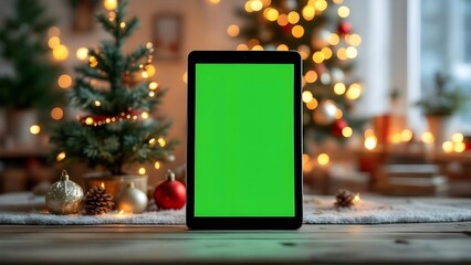 Christmas Tablet Mockup with Green Screen on Festive Holiday Background