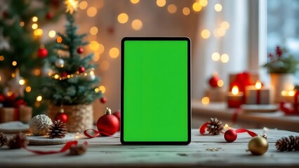 Christmas Tablet Mockup with Green Screen on Festive Holiday Background