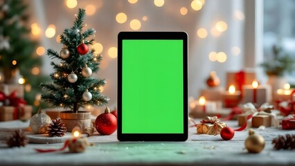 Christmas Tablet Mockup with Green Screen on Festive Holiday Background