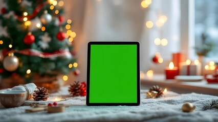 Christmas Tablet Mockup with Green Screen on Festive Holiday Background