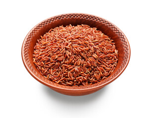 Bowl with brown rice on white background