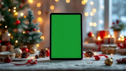 Christmas Tablet Mockup with Green Screen on Festive Holiday Background