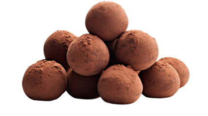 Dark chocolate truffles arranged on pure white background on transparent background