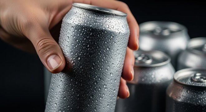 Closeup of hand holding cold aluminum beverage can with condensation drops