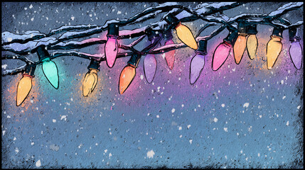 Colorful Christmas Lights In Snow