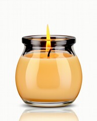 Lit Yellow Candle in Clear Glass Jar on White Background