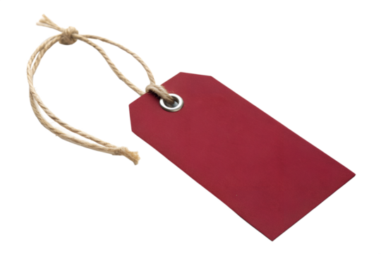 Blank crimson paper tag with rustic twine loop, ideal for labeling products, gifts, or merchandise, isolated on a clean white background