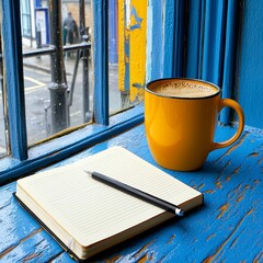 Orange Mug Coffee Notebook Rainy Day Window View