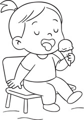 Minimal Toddler Silhouette Collection – Clean Baby Activity Line Art on White Background-girl eating an ice cream