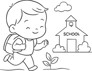Minimal Toddler Silhouette Collection – Clean Baby Activity Line Art on White Background-boy walking to school