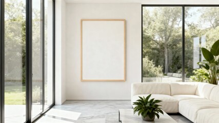 Fototapeta premium Modern minimalist living room with large windows, white sofa, and indoor plants