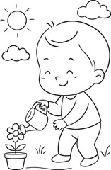 Minimal Toddler Silhouette Collection – Clean Baby Activity Line Art on White Background-watering a plant-baby boy