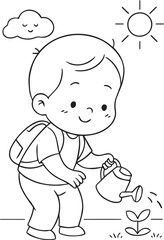 Minimal Toddler Silhouette Collection – Clean Baby Activity Line Art on White Background-watering a plant
