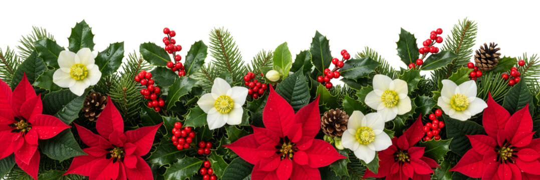 Christmas Floral Border with Poinsettias, Holly, Berries and Pinecones Isolated on Transparent Background