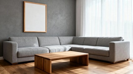 Modern living room with gray sectional sofa, wooden coffee table, and minimalist decor